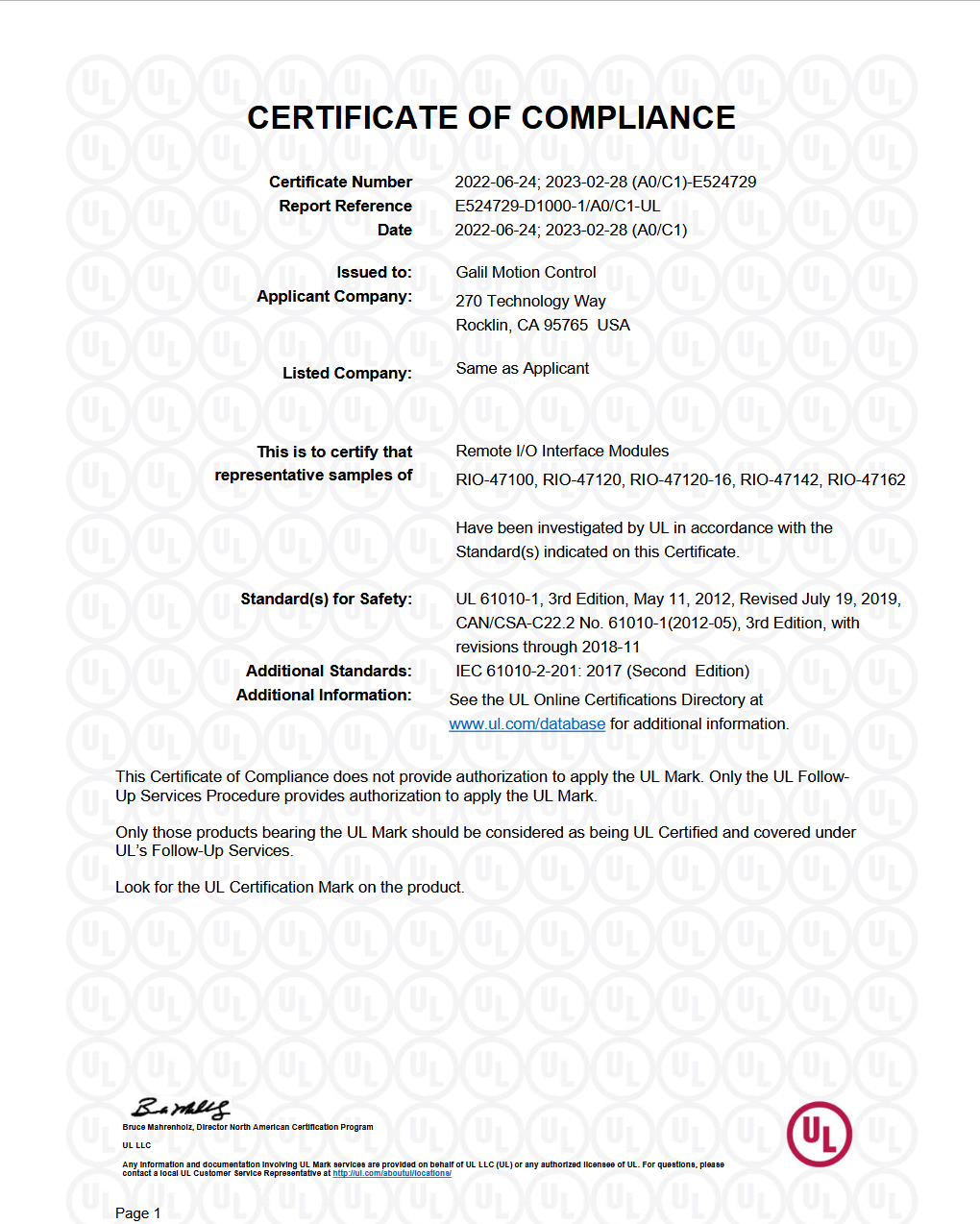 Figure 2: UL 61010 Certificate