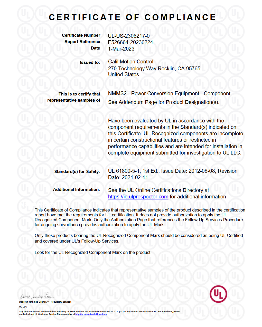 Figure 1: UL 61800 Certificate